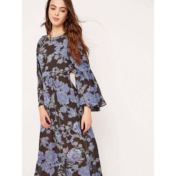 NEW Free People Women’s 0 Melrose Blue Brown Floral Maxi Dress - Picture 1 of 15